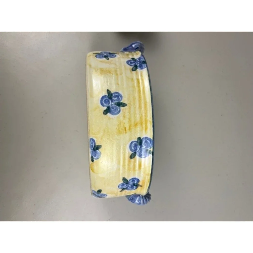 Hand Painted Yellow Blue Floral Ceramic Oval Serving Bowl Handles 10in‎ Signed